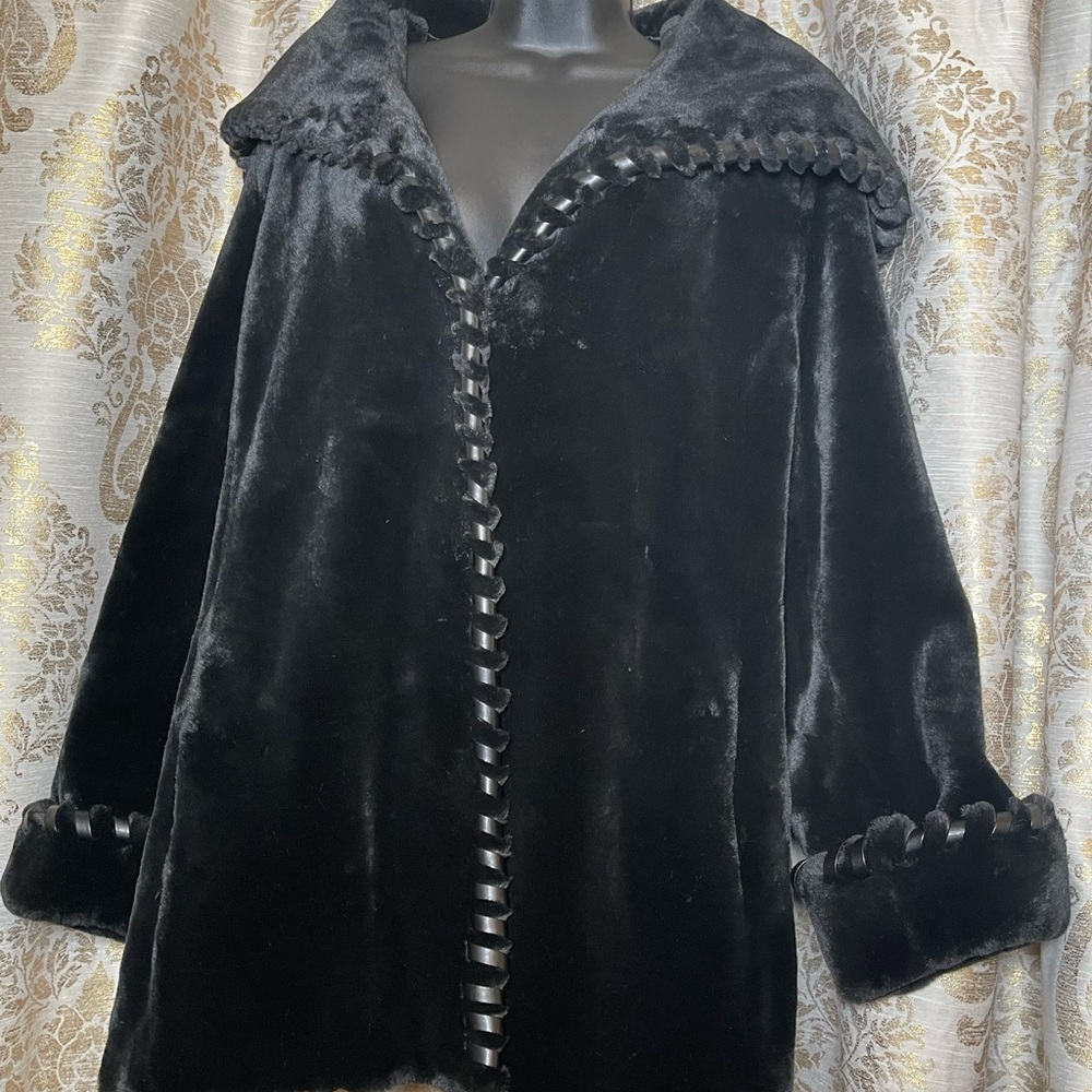 Premium faux fur vegan leather trim swing coat